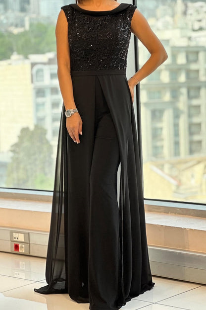 Damebuksedragt – ærmeløs aftenmodel med palietteroverdel og chiffon-overlay