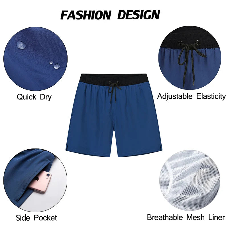 Blå herrebadeshorts – Mesh-foer, sidelommer og elastisk linning