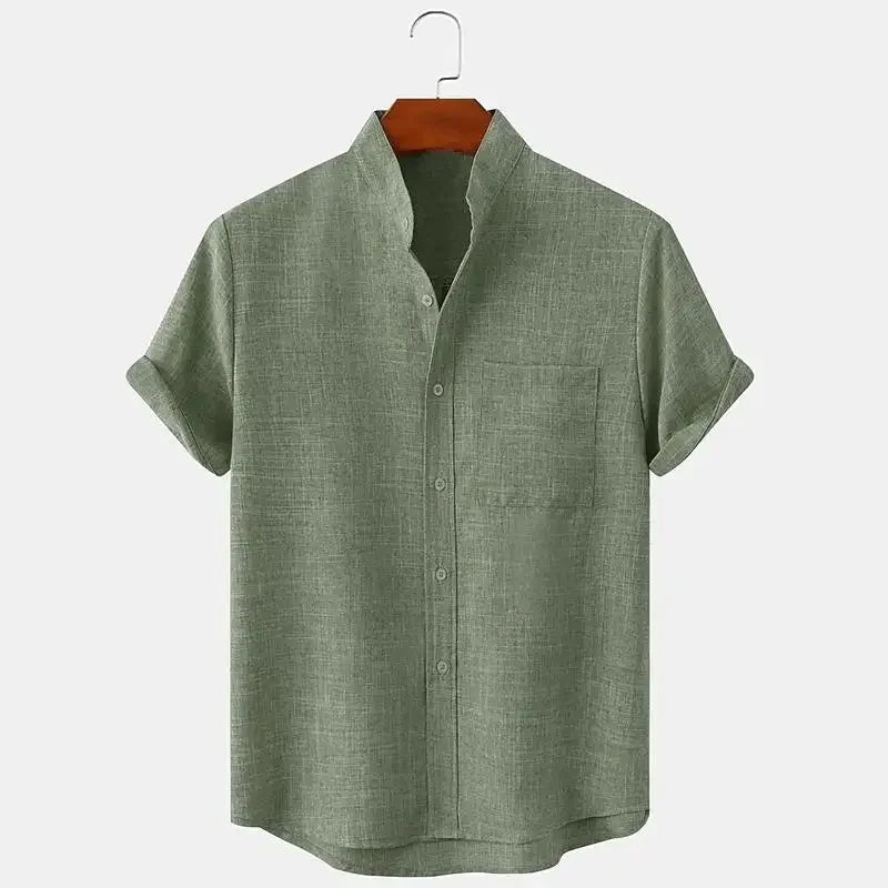 Momount Men Linen Shirt – Short Sleeve Band Collar Chest Pocket Summer