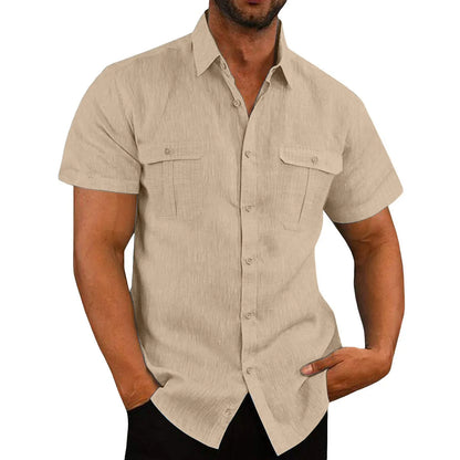 Momount Men Linen Shirt – Short Sleeve Double Chest Pocket Utility Casual