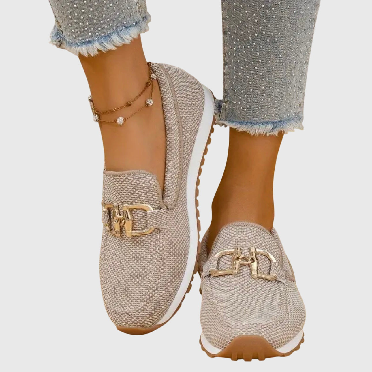 Momount Dame Strikkede Loafers – Mesh Gylden Horsebit Plateau Slip-On Komfort
