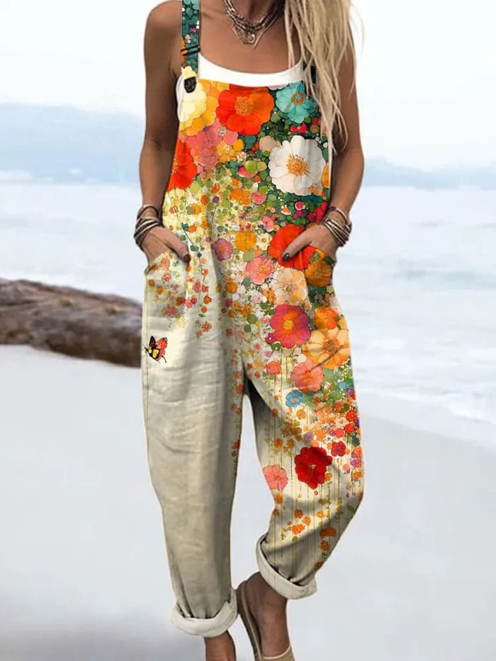 Damebuksedragt – ærmeløs med blomstret print i boho-stil