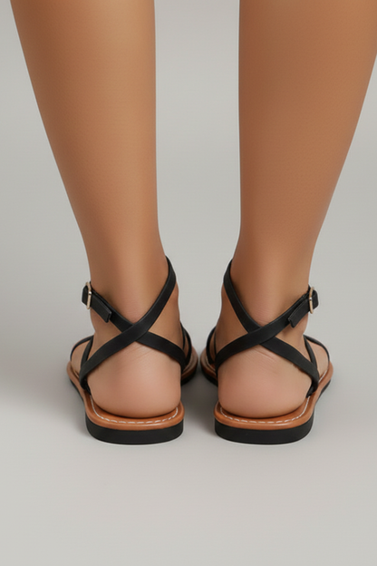 Momount Women Flat Sandals – Black Leather Strappy Crisscross Strap