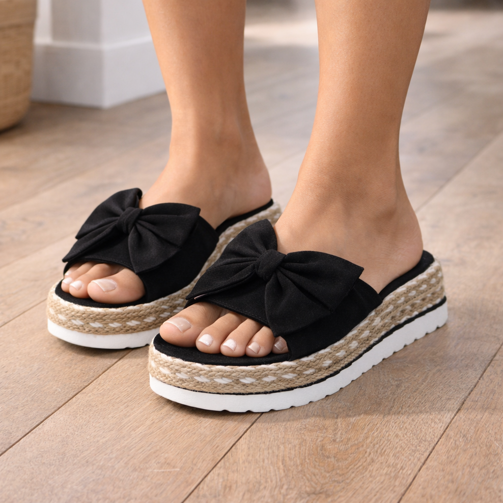 Momount espadrille-sandaler dame – ruskind med sløjfe, platform og slide-komfort