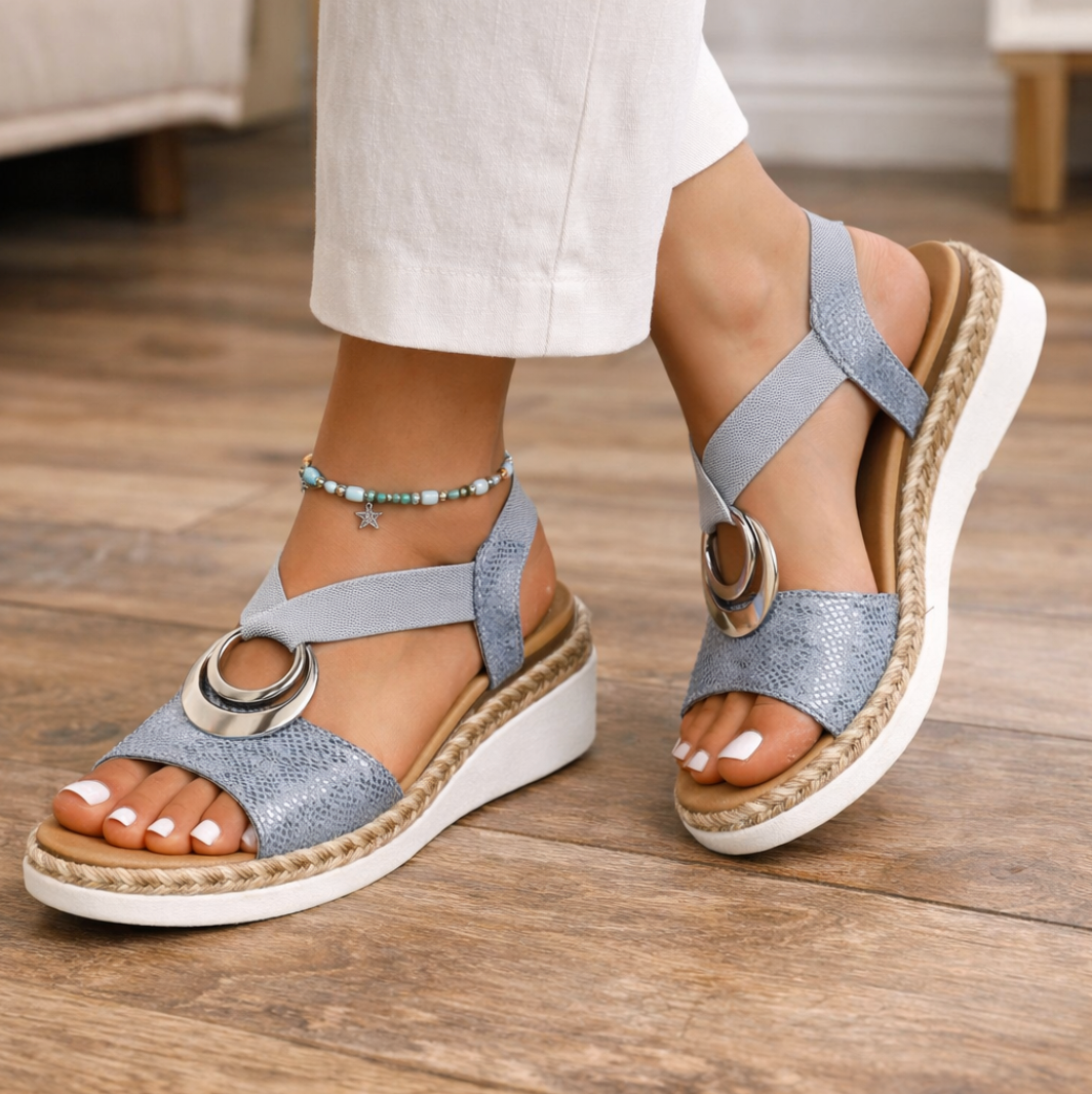Momount espadrille kile-sandaler dame – metallisk finish med krydsstrop og komfort