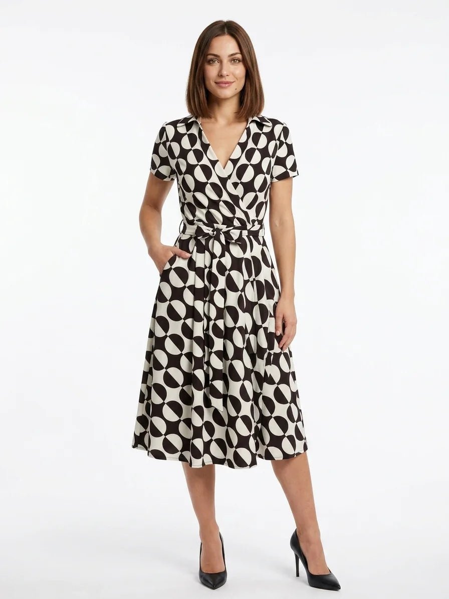 Ameliana | Elegant Off Shoulder Belted Summer Midi Dress - Black White - front