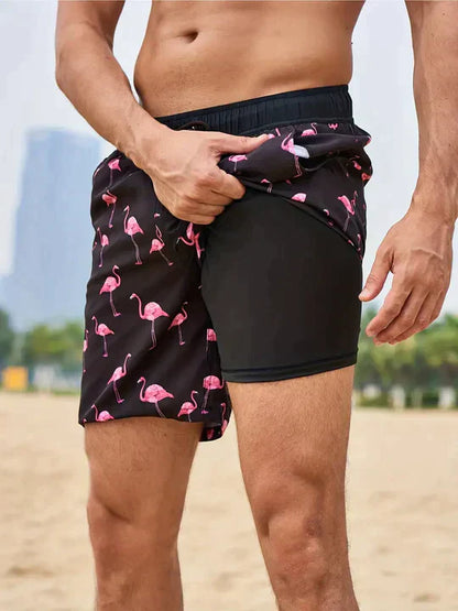 Momount herrebadeshorts – tropisk bladprint, telefonlomme og mesh-foer