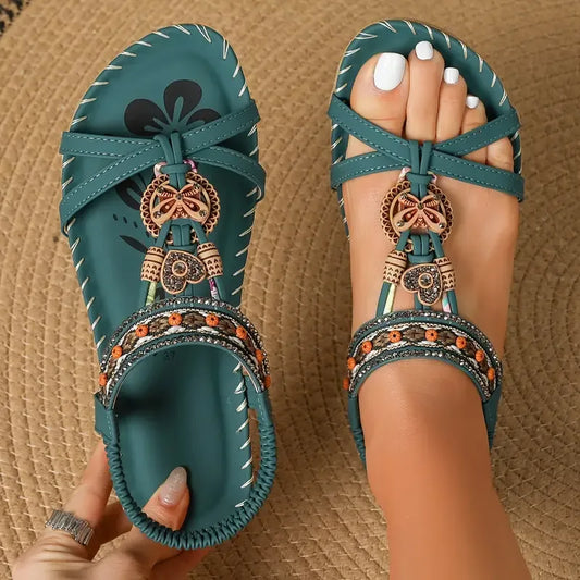 Momount Women Slingback Sandals – Teal Boho Beaded Rhinestone Flat