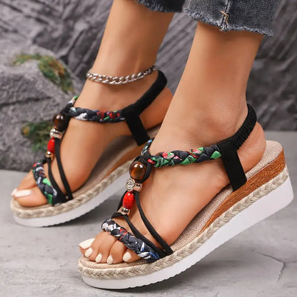Momount espadrille kile-sandaler dame – boho med flettede perler og rhinsten