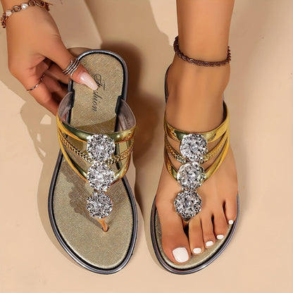 Women's Rhinestone Flat Sandals – T-Strap Dressy Slip-On