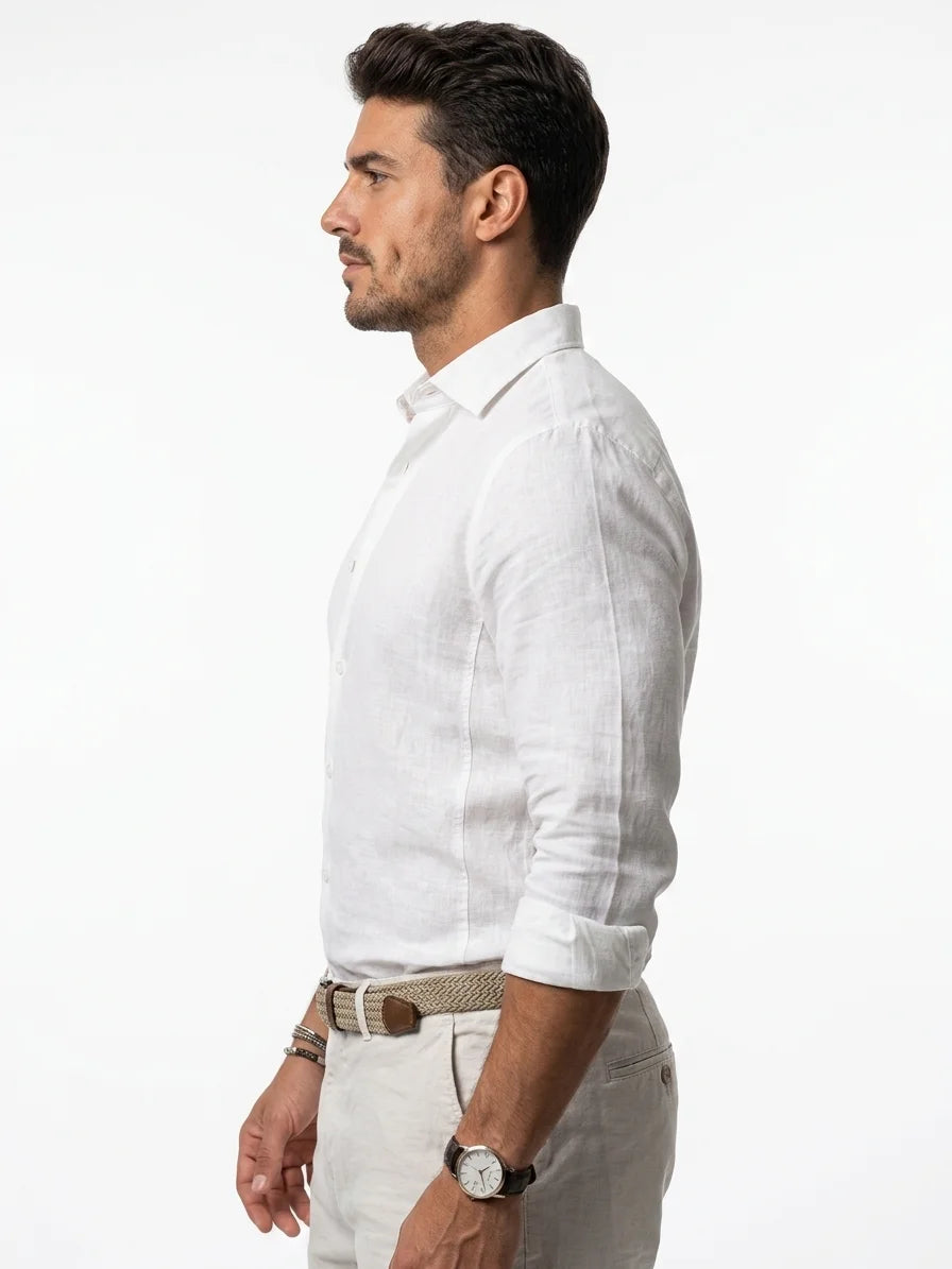 Momount Men Linen Shirt – Long Sleeve Turn Down Collar Summer Casual - White - side