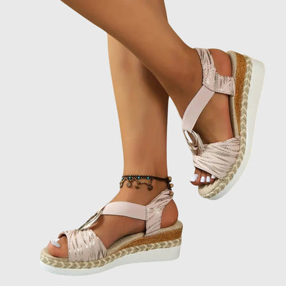 Momount espadrille kile-sandaler dame – blush med metallisk finish og ankelrem