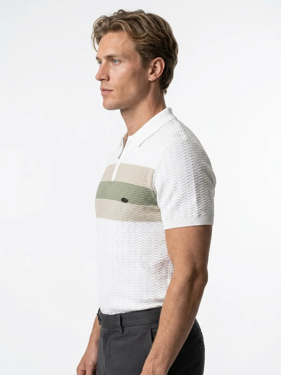Momount Men Half Zip Polo Shirt – Knit Contrast Stripe Short Sleeve - White - side