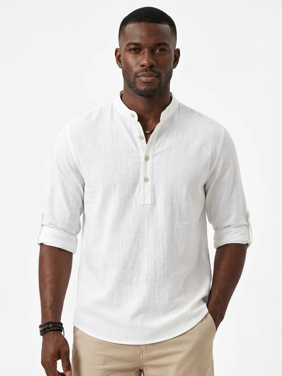 Momount Men Waffle Linen Shirt – Long Sleeve Band Collar Chest Pocket - White - closeup
