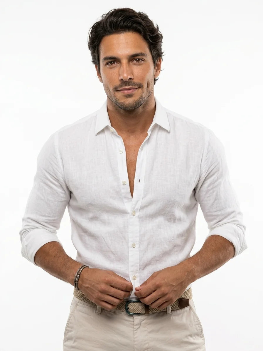 Momount Men Linen Shirt – Long Sleeve Turn Down Collar Summer Casual - White - front