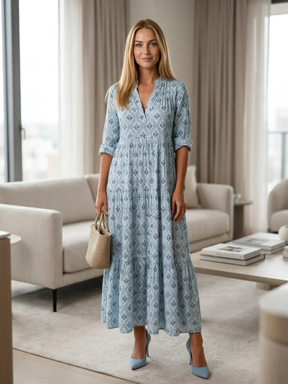 Willow Boho Maxi Dress | All-Over Print, Tassel Detail - Light Blue - lifestyle_indoor