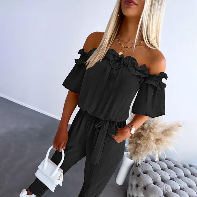 Damebuksedragt – off-shoulder med snørebånd i taljen og flæser