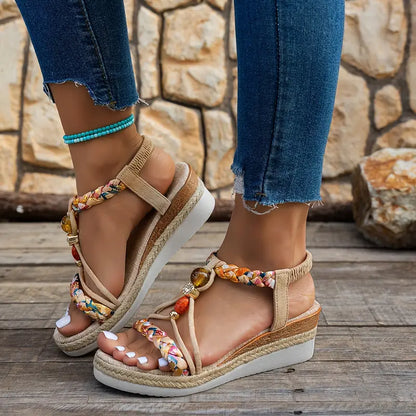 Momount espadrille kile-sandaler dame – boho med flettede perler og rhinsten