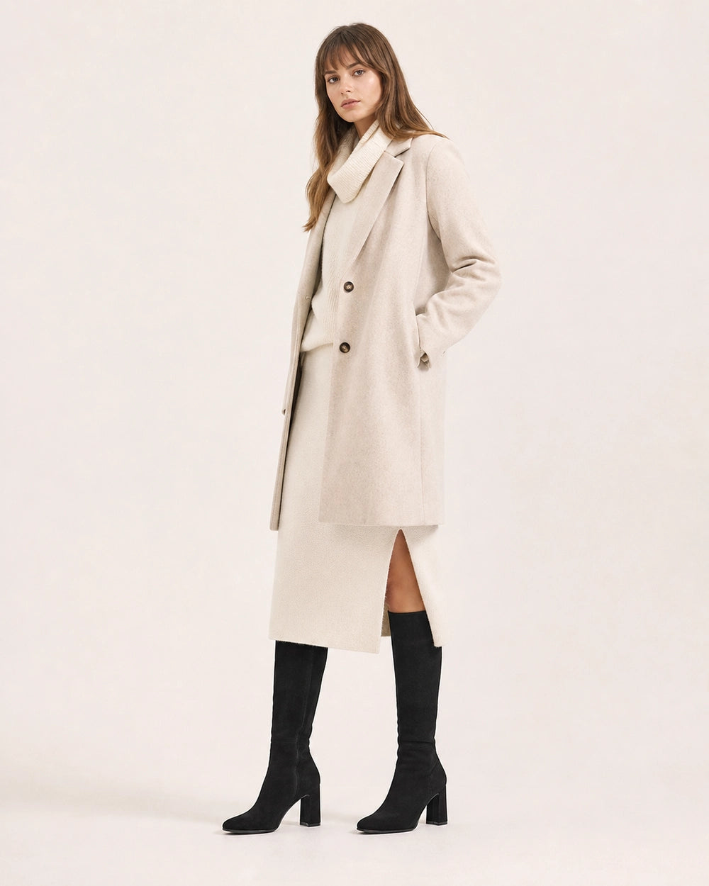 Women's jet-black suede-effect knee-high broad-heel boots, hero view.