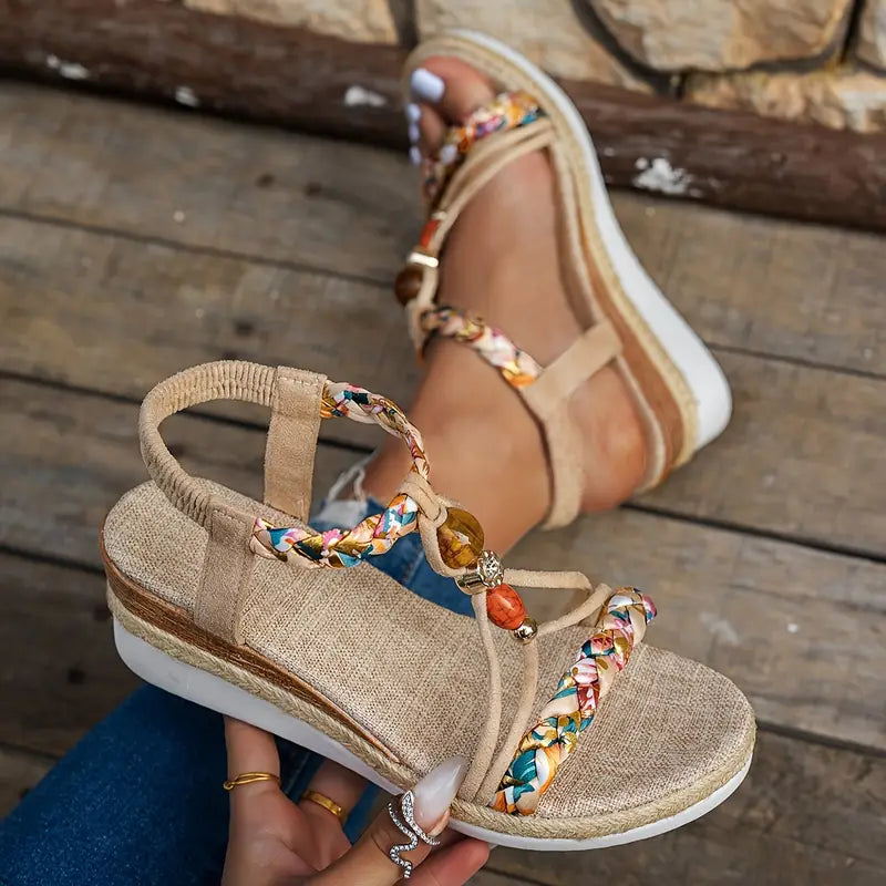 Momount espadrille kile-sandaler dame – boho med flettede perler og rhinsten