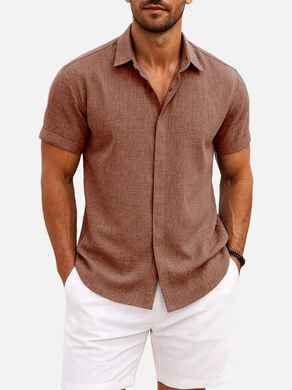 Momount Men Linen Shirt – Short Sleeve Turn Down Collar Cotton Blend Casual