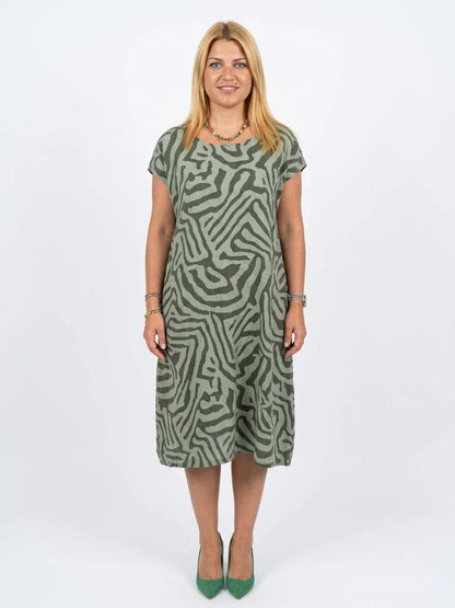 Cleo Abstract Shift Dress | Short Sleeve, Playful Print - Green - front