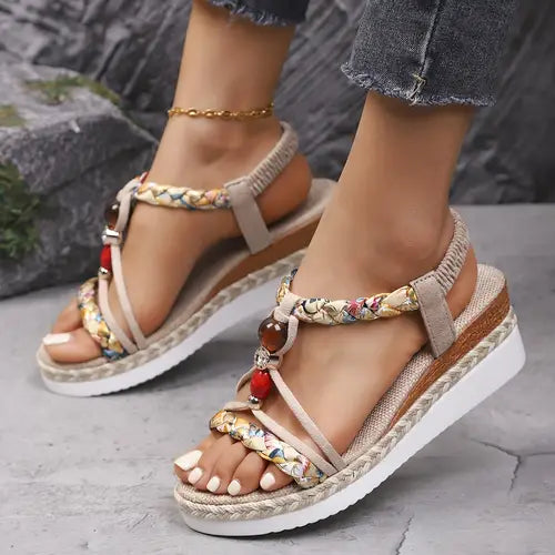 Momount espadrille kile-sandaler dame – boho med flettede perler og rhinsten