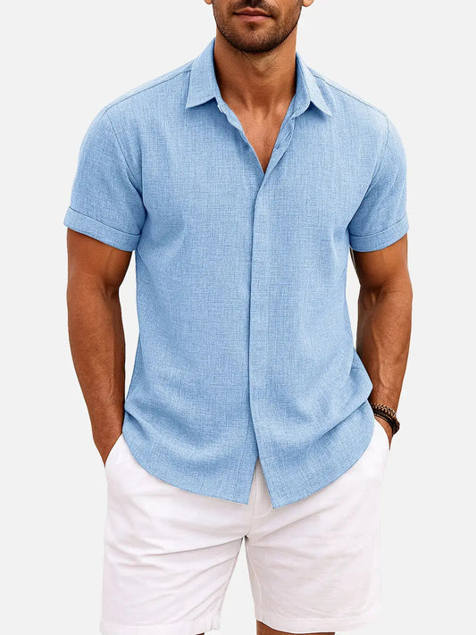 Momount Men Linen Shirt – Short Sleeve Turn Down Collar Cotton Blend Casual