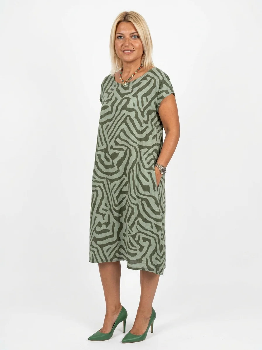 Cleo Abstract Shift Dress | Short Sleeve, Playful Print - Green - 3/4