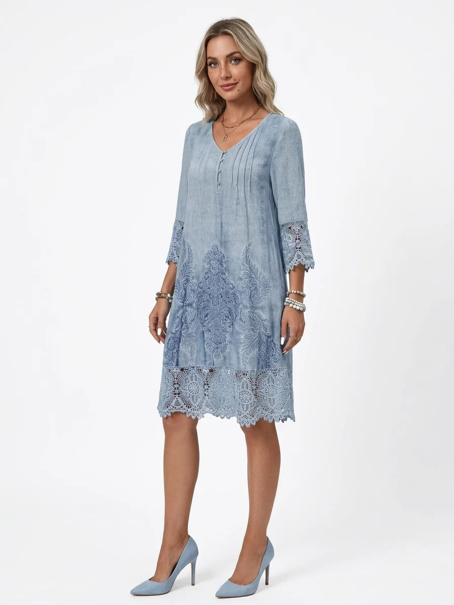 Clara Embroidered Midi Dress | V-Neck, Lace Trim Sleeves - Light Blue - 3/4