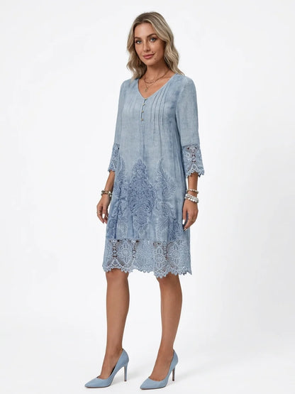 Clara Embroidered Midi Dress | V-Neck, Lace Trim Sleeves - Light Blue - 3/4
