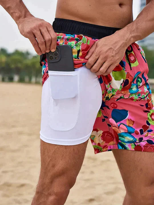 Herrebadeshorts med palmeprint – Kompressionsforing og hurtigtørrende