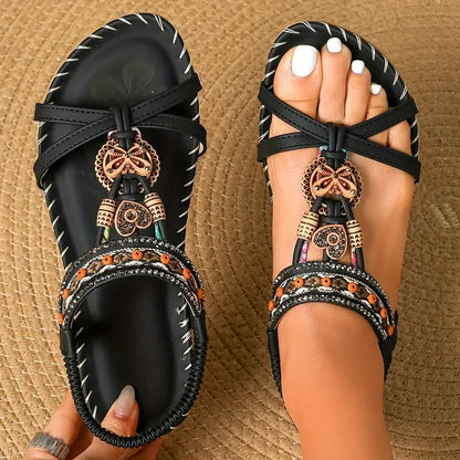 Momount slingback-sandaler dame – petroleumsblå boho med perler, rhinsten og flad sål
