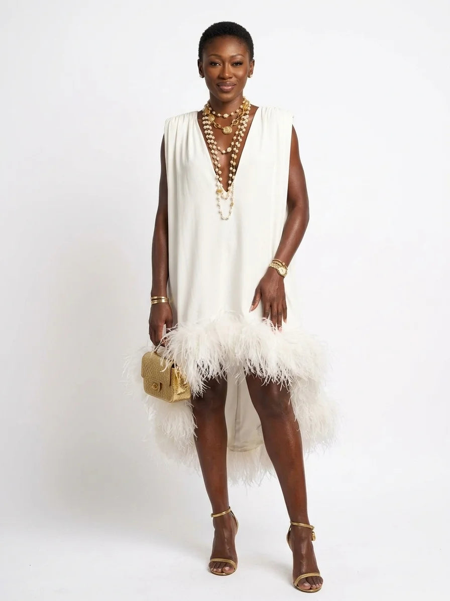 Anastasia | Elegant Feather V Neck Midi Dress - Off white - front