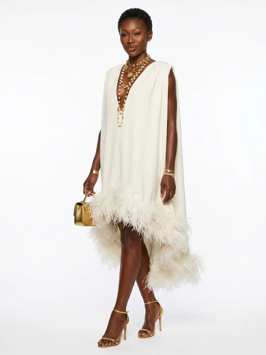Anastasia | Elegant Feather V Neck Midi Dress - Off white - 3/4