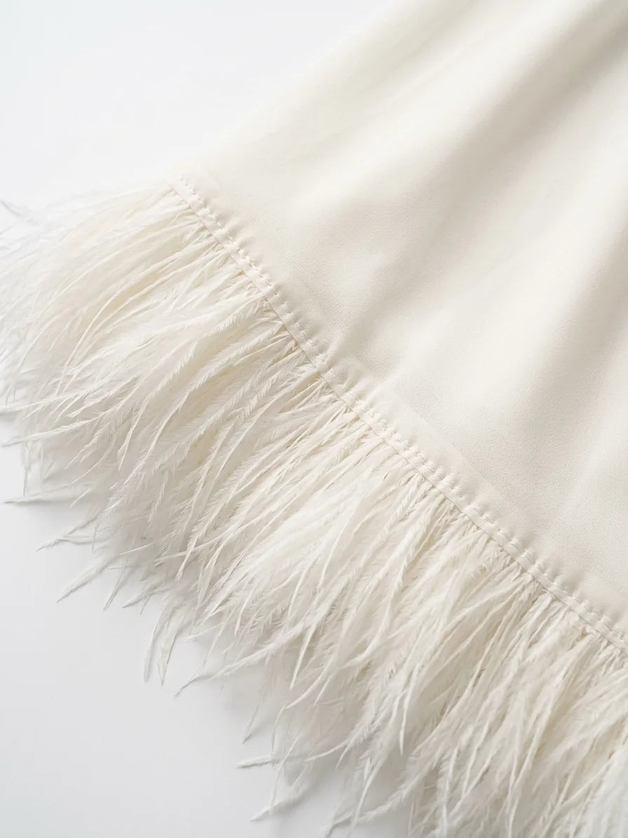 Anastasia | Elegant Feather V Neck Midi Dress - Off white - detail