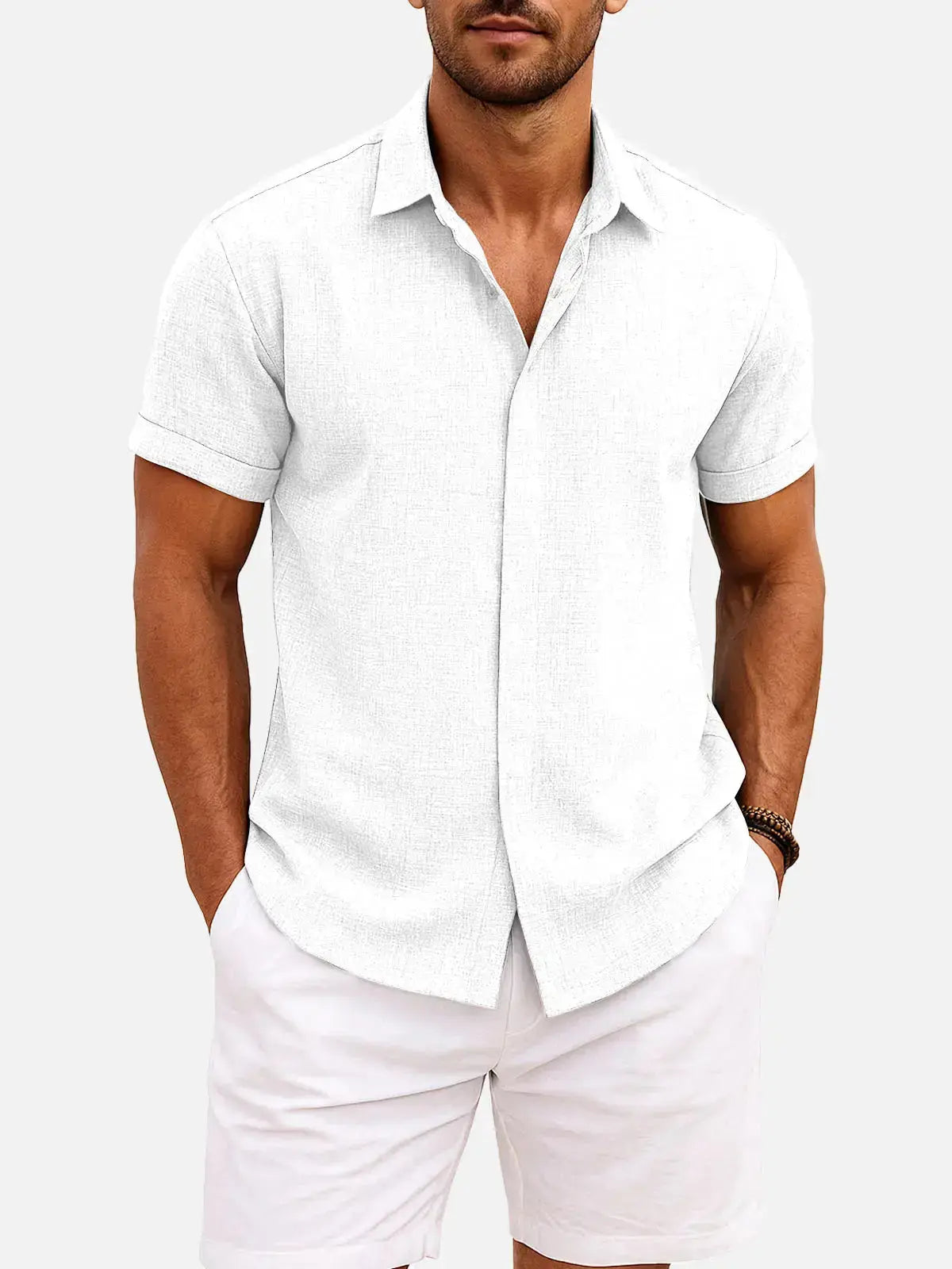 Momount Men Linen Shirt – Short Sleeve Turn Down Collar Cotton Blend Casual