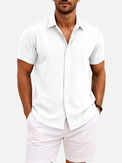 Momount Men Linen Shirt – Short Sleeve Turn Down Collar Cotton Blend Casual