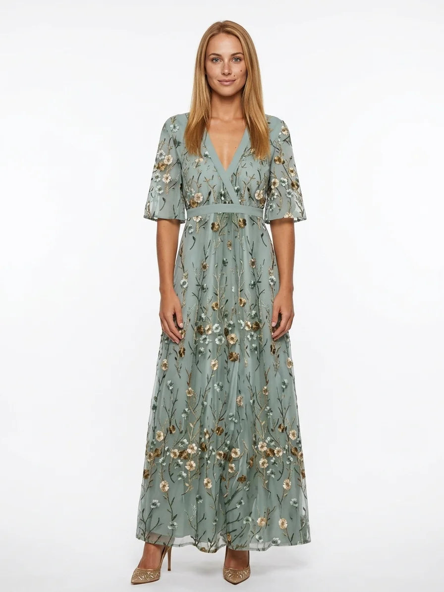 Eden Floral Wrap Maxi Dress | Contrast Trim, Elegant - Blue - front