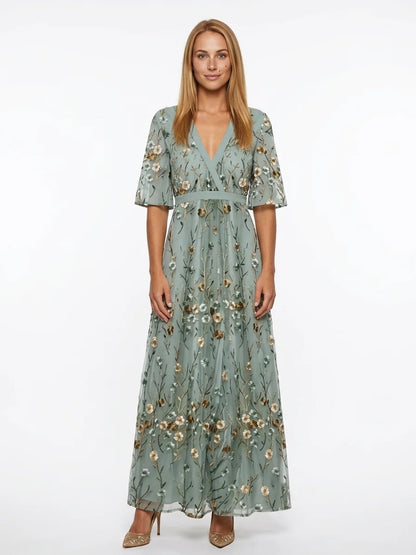 Eden Floral Wrap Maxi Dress | Contrast Trim, Elegant - Blue - front