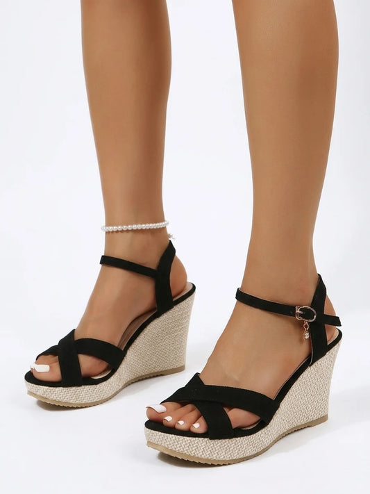 Women's Wedge Sandals – Open Toe Ankle Strap Cross Straps - Black - onfoot