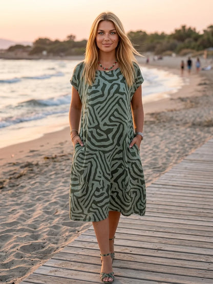 Cleo Abstract Shift Dress | Short Sleeve, Playful Print - Green - lifestyle_beach