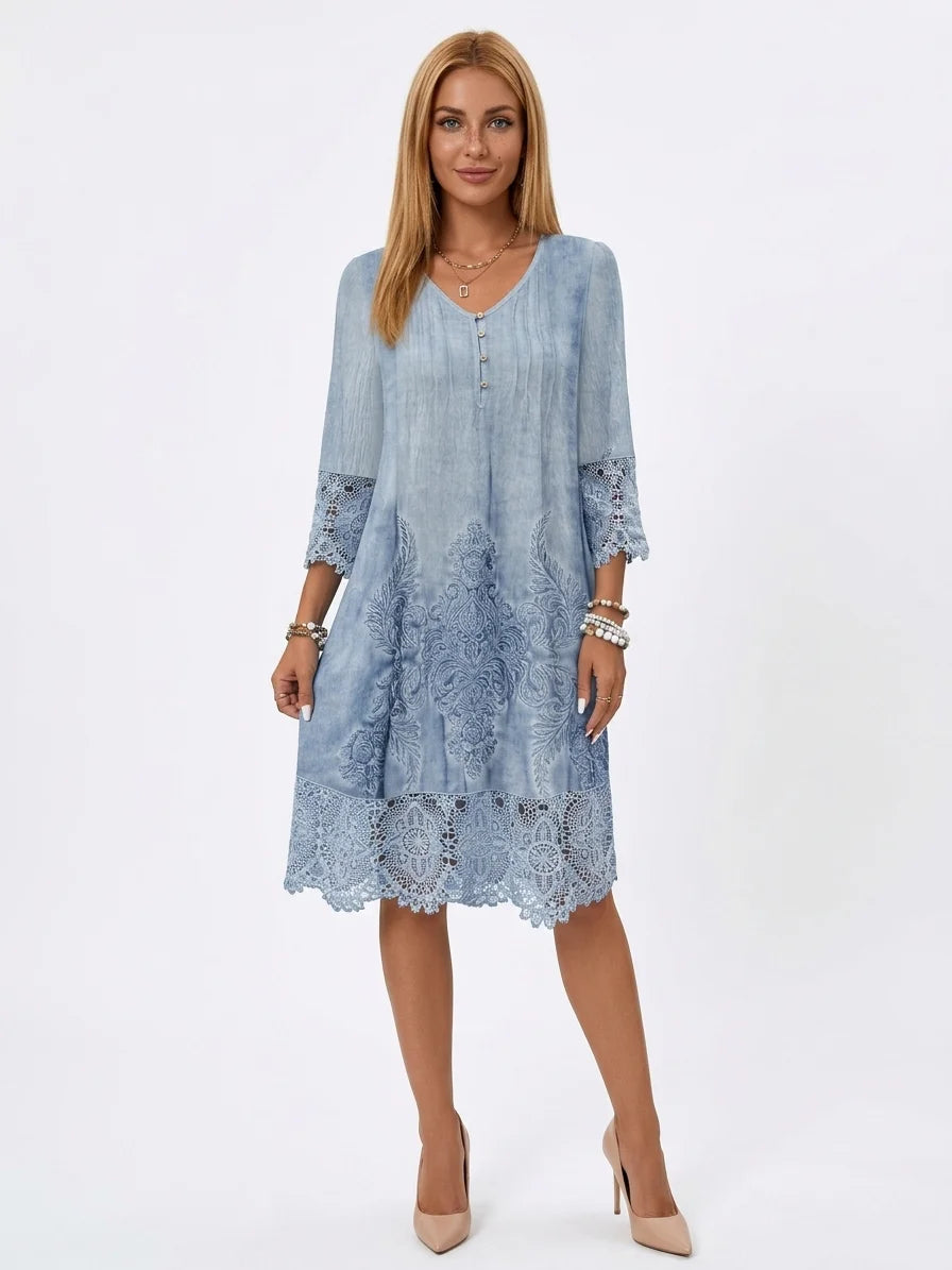 Clara Embroidered Midi Dress | V-Neck, Lace Trim Sleeves - Light Blue - front