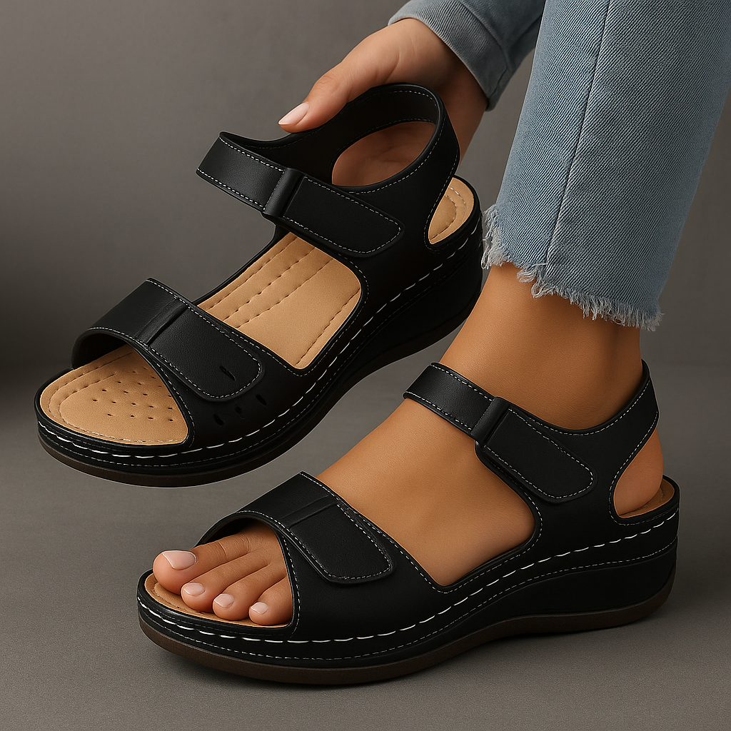 Damesandaler med velcro – Plateau-kile og polstret sål