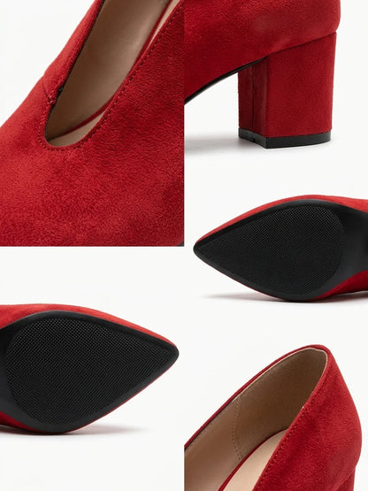 Arabelle | Suede V Cut Block Heel Pumps - Red - detail