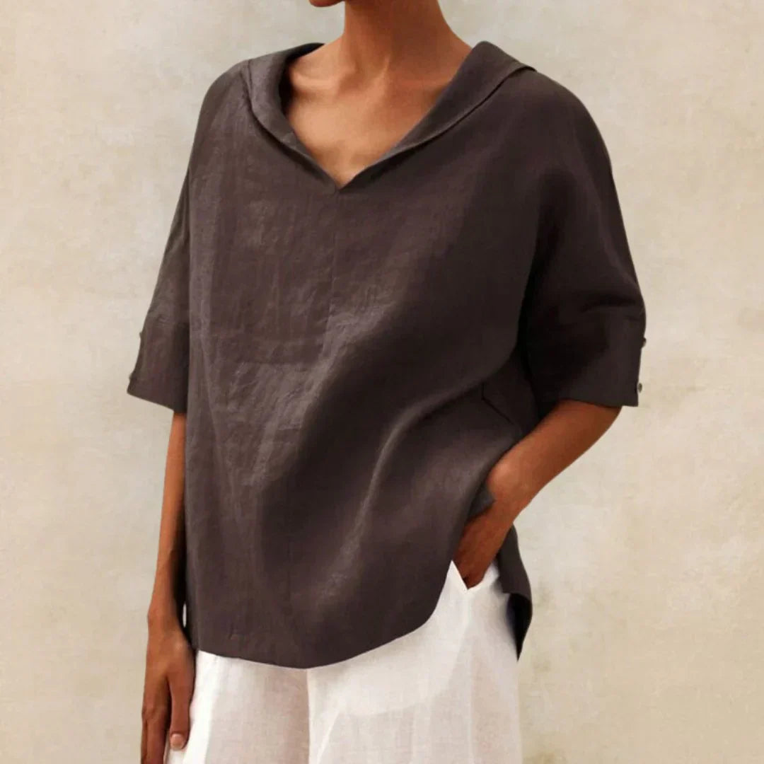 Momount damebluse i hør – oversize med V-hals og lapelkrave til sommer