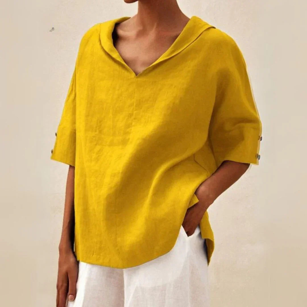 Momount damebluse i hør – oversize med V-hals og lapelkrave til sommer