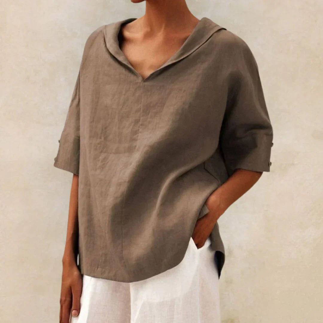 Momount damebluse i hør – oversize med V-hals og lapelkrave til sommer