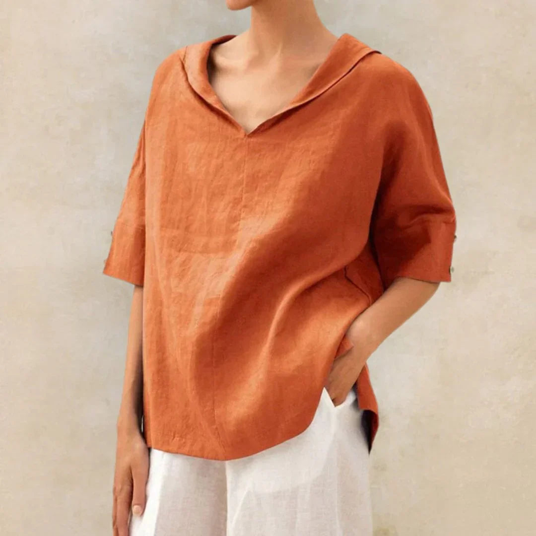 Momount damebluse i hør – oversize med V-hals og lapelkrave til sommer
