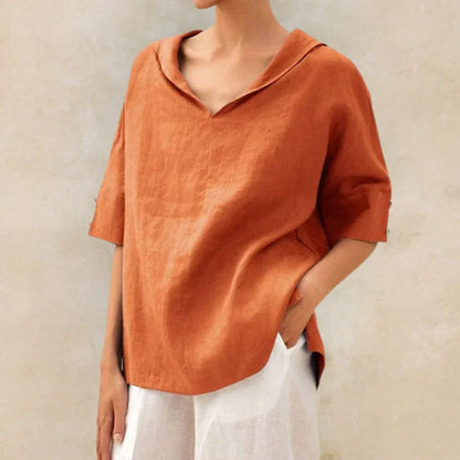 Momount damebluse i hør – oversize med V-hals og lapelkrave til sommer
